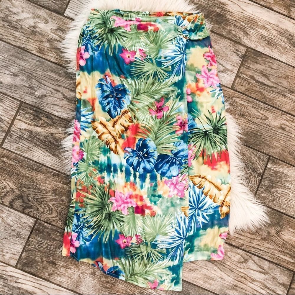 Nancy Bolen Tropical Faux Wrap Silk Skirt M